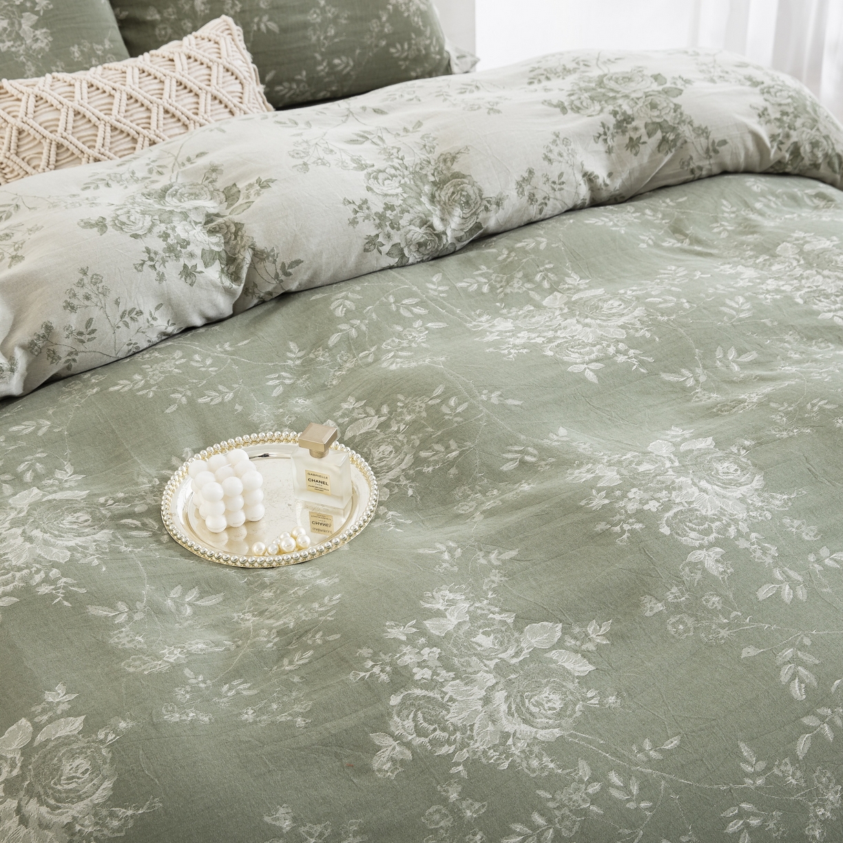 91家纺网 家纺一手货源 找家纺 双层纱家居 2025新款小清新双层纱四件套 春雨-绿