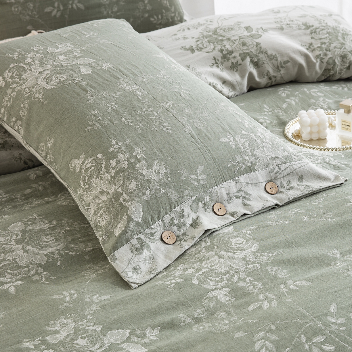 91家纺网 家纺一手货源 找家纺 双层纱家居 2025新款小清新双层纱四件套 春雨-绿