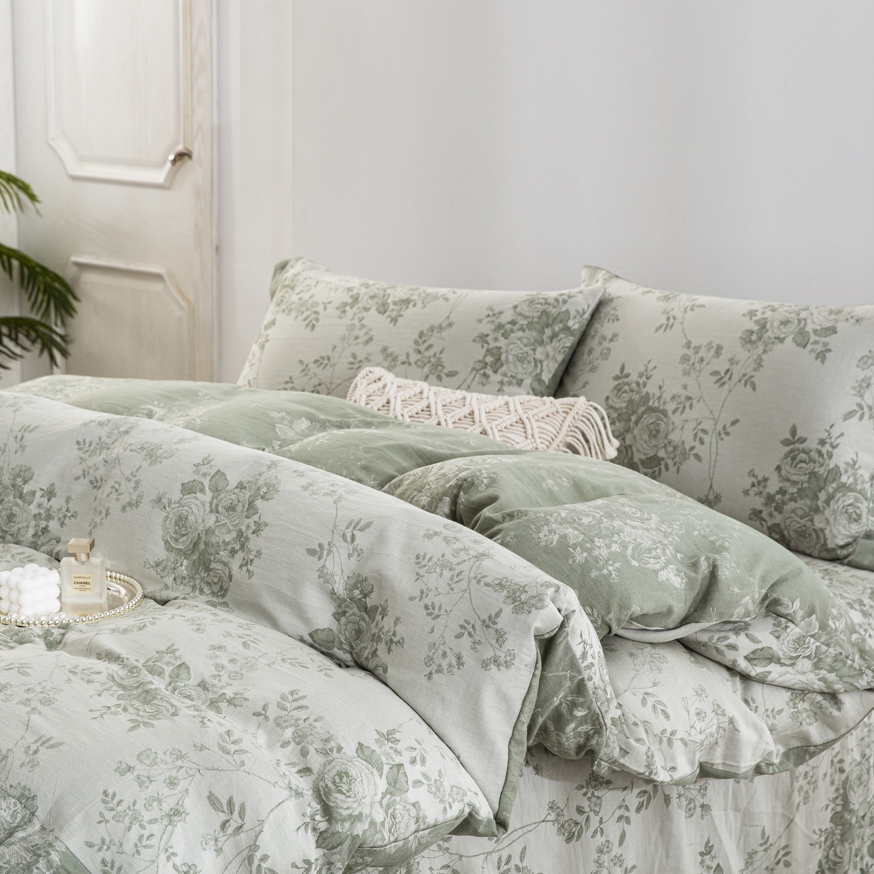 91家纺网 家纺一手货源 找家纺 双层纱家居 2025新款小清新双层纱四件套 春雨绿白