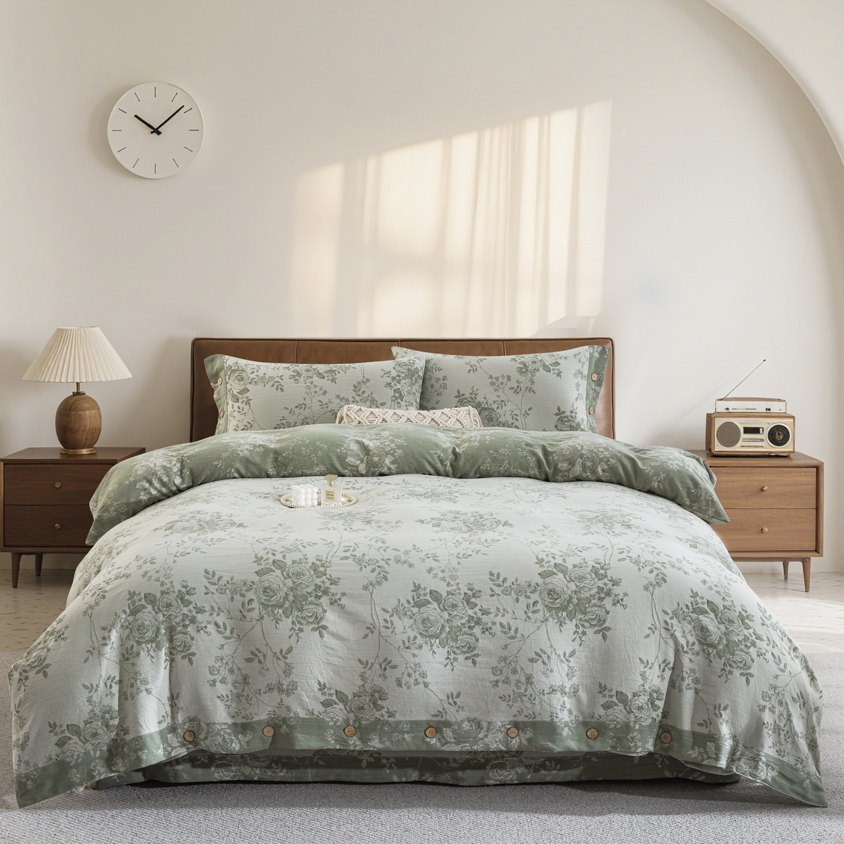 91家纺网 家纺一手货源 找家纺 双层纱家居 2025新款小清新双层纱四件套 春雨绿白