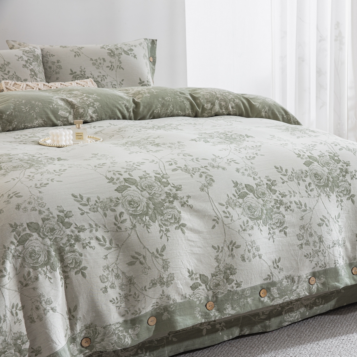 91家纺网 家纺一手货源 找家纺 双层纱家居 2025新款小清新双层纱四件套 春雨绿白