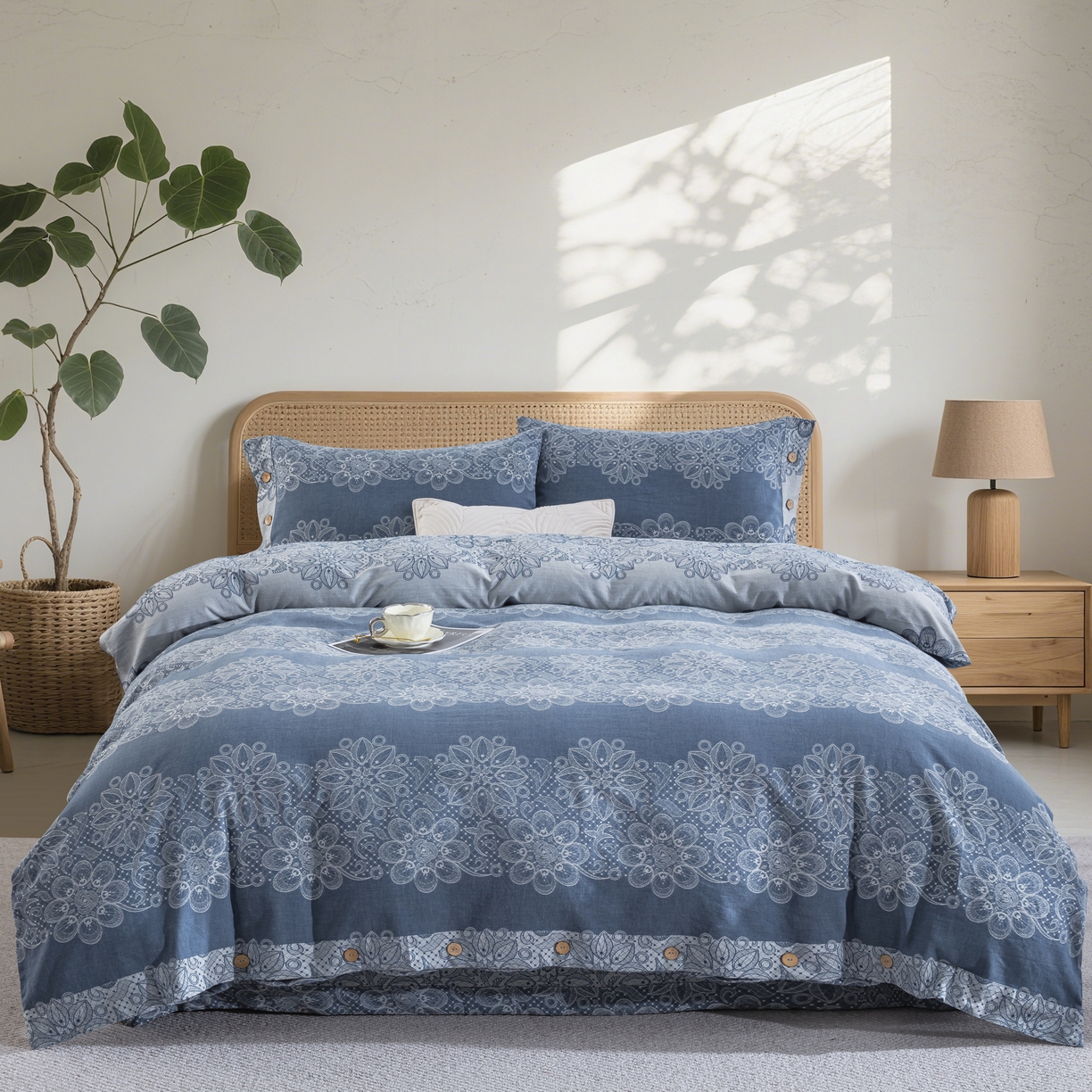 91家纺网 家纺一手货源 找家纺 双层纱家居 2025新款小清新双层纱四件套 兰亭序-蓝