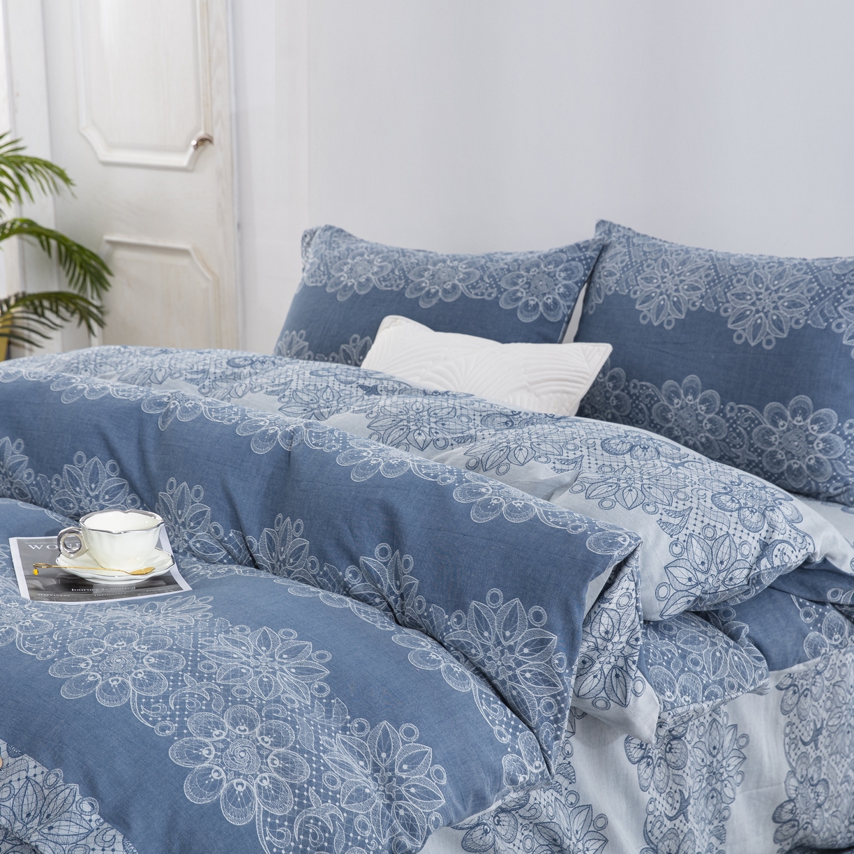 91家纺网 家纺一手货源 找家纺 双层纱家居 2025新款小清新双层纱四件套 兰亭序-蓝