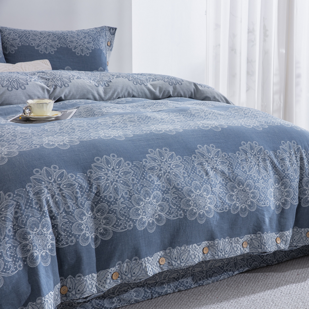 91家纺网 家纺一手货源 找家纺 双层纱家居 2025新款小清新双层纱四件套 兰亭序-蓝