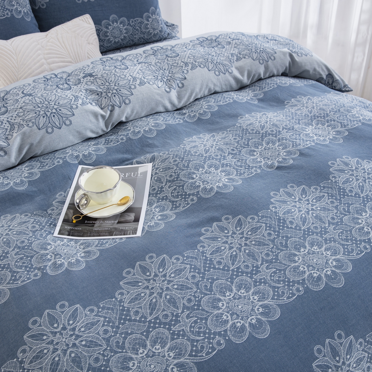 91家纺网 家纺一手货源 找家纺 双层纱家居 2025新款小清新双层纱四件套 兰亭序-蓝