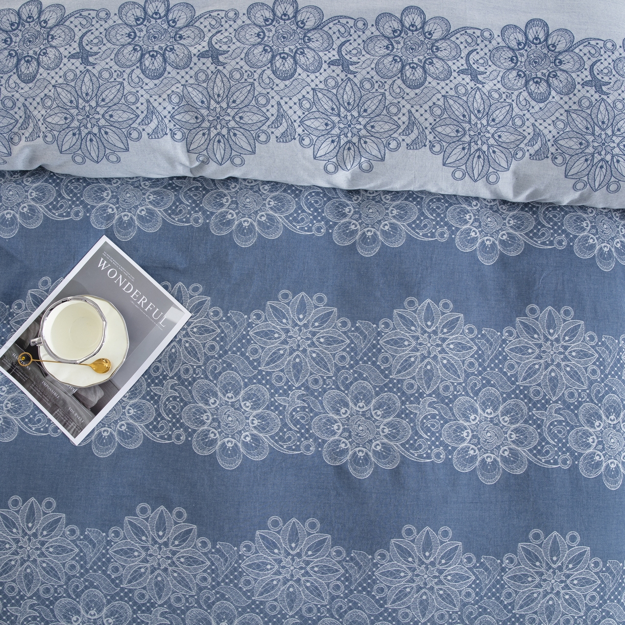 91家纺网 家纺一手货源 找家纺 双层纱家居 2025新款小清新双层纱四件套 兰亭序-蓝