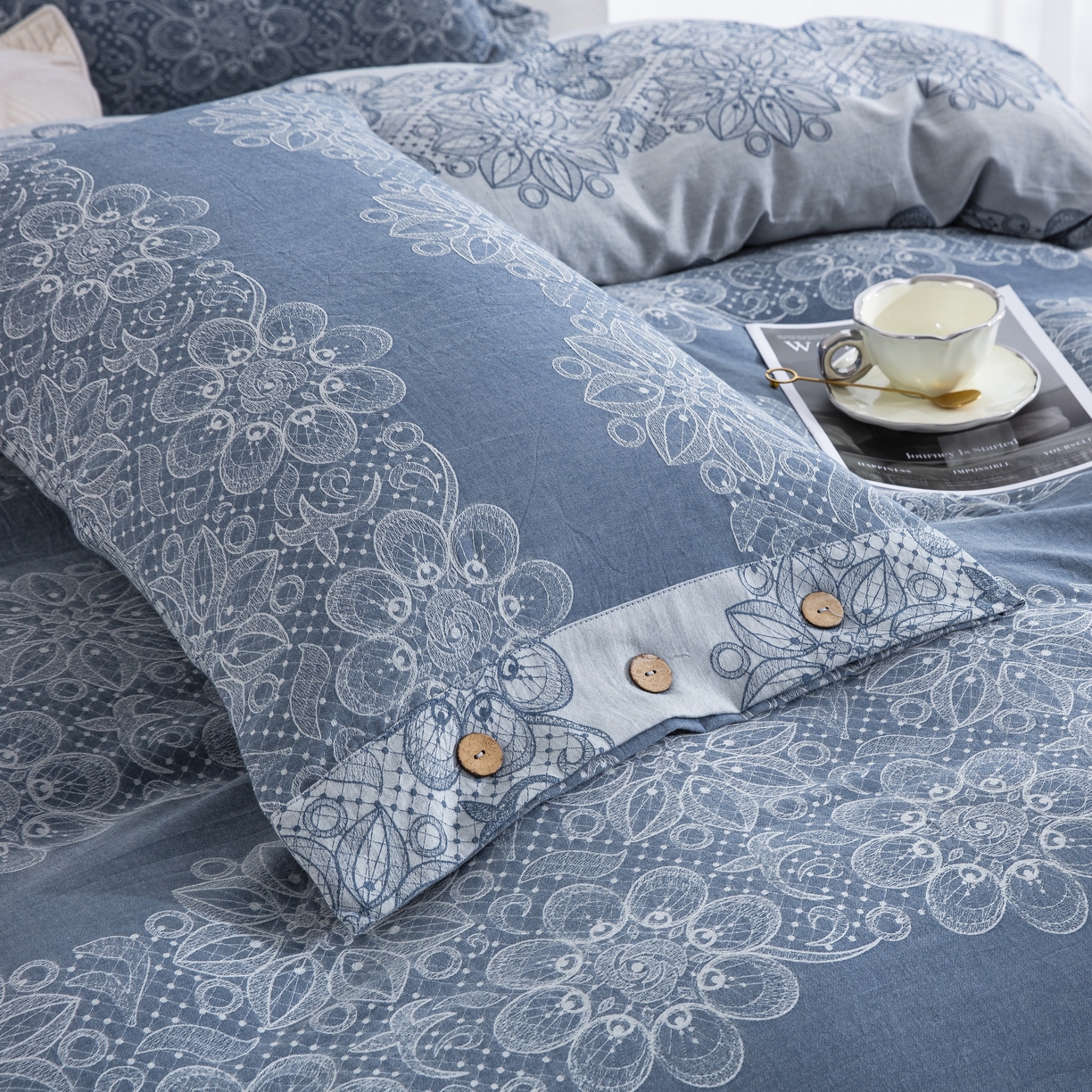 91家纺网 家纺一手货源 找家纺 双层纱家居 2025新款小清新双层纱四件套 兰亭序-蓝