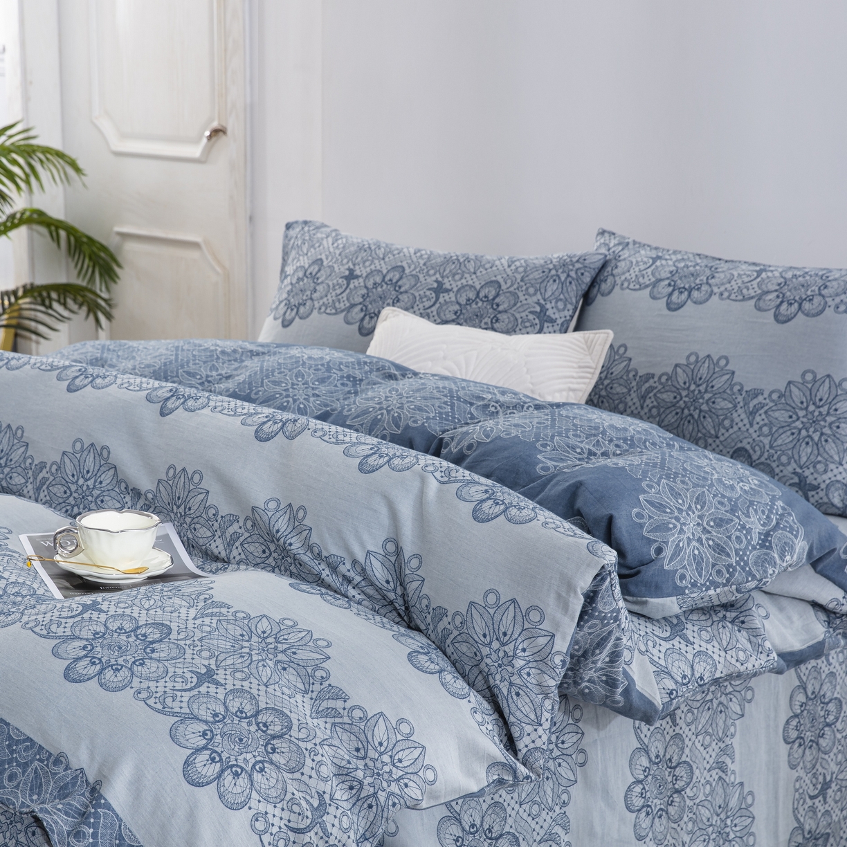 91家纺网 家纺一手货源 找家纺 双层纱家居 2025新款小清新双层纱四件套 兰亭序蓝白