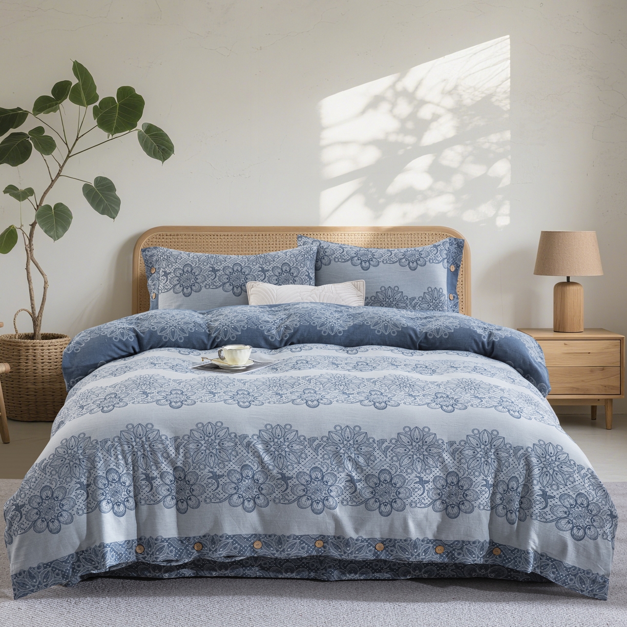 91家纺网 家纺一手货源 找家纺 双层纱家居 2025新款小清新双层纱四件套 兰亭序蓝白