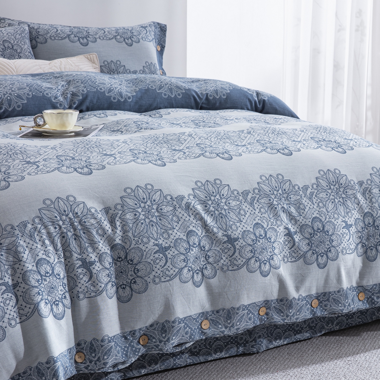 91家纺网 家纺一手货源 找家纺 双层纱家居 2025新款小清新双层纱四件套 兰亭序蓝白