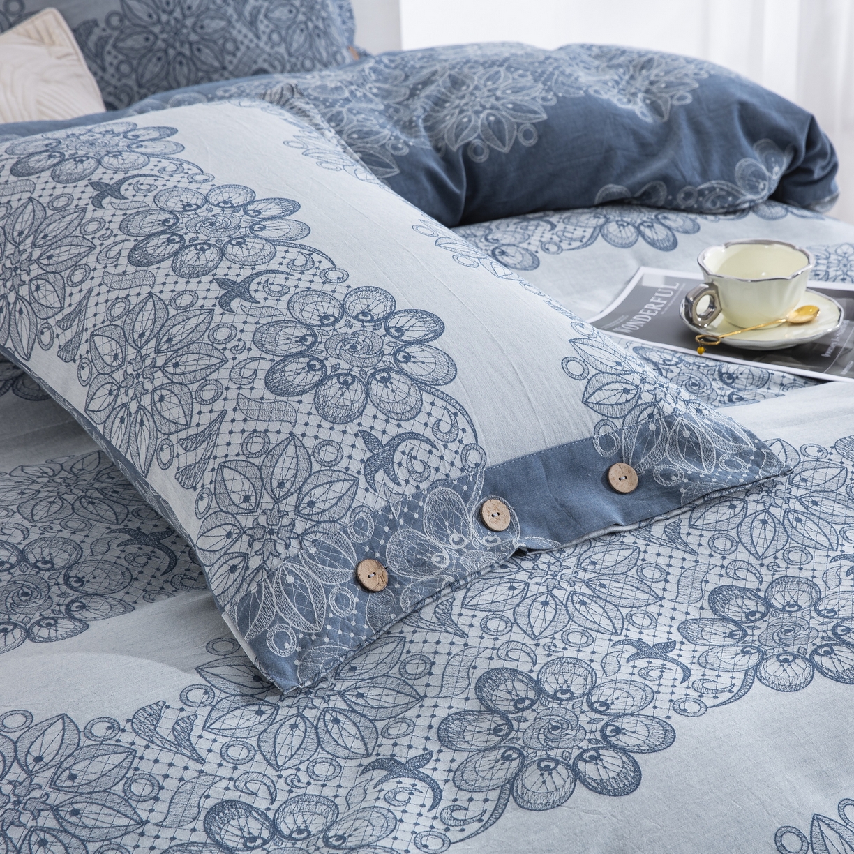 91家纺网 家纺一手货源 找家纺 双层纱家居 2025新款小清新双层纱四件套 兰亭序蓝白