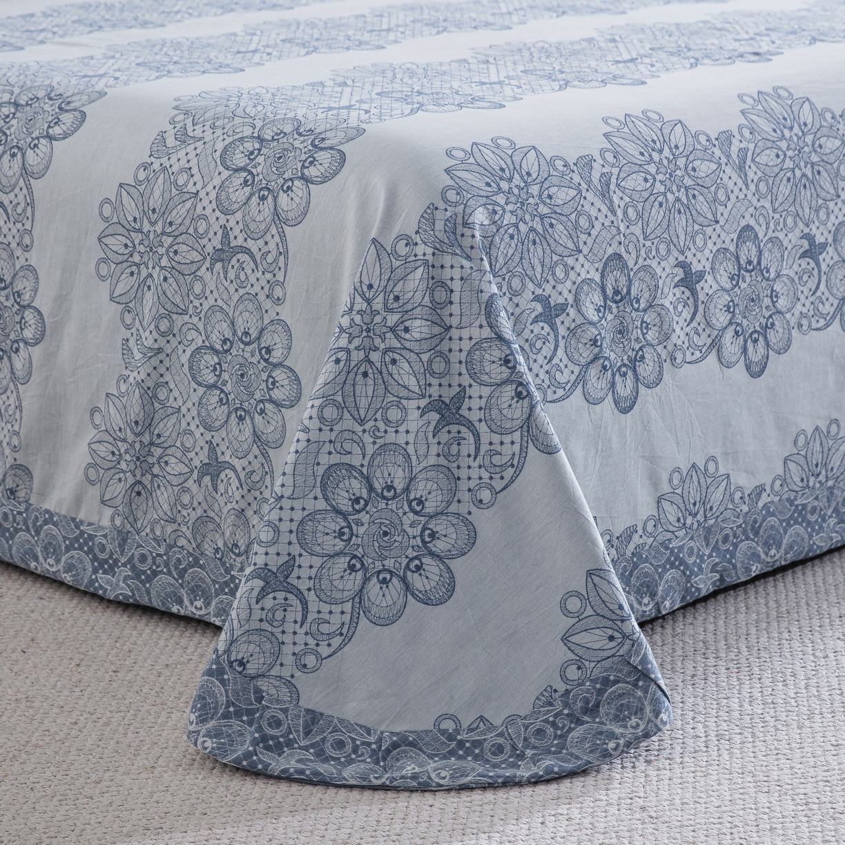 91家纺网 家纺一手货源 找家纺 双层纱家居 2025新款小清新双层纱四件套 兰亭序蓝白