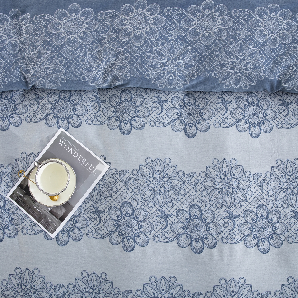 91家纺网 家纺一手货源 找家纺 双层纱家居 2025新款小清新双层纱四件套 兰亭序蓝白