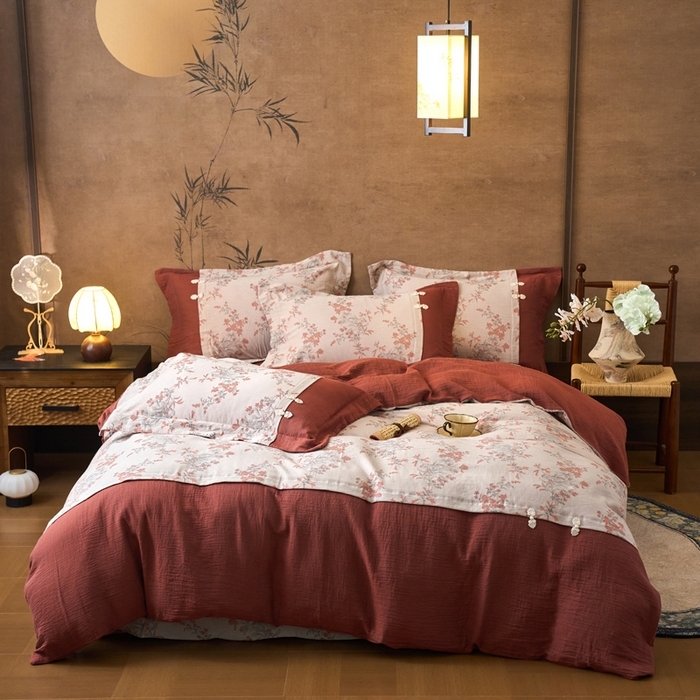 91家纺网 家纺一手货源 找家纺 双层纱家居 2025新款全棉纯棉双层纱工艺款四件套 素纱蝶梦-红蕊