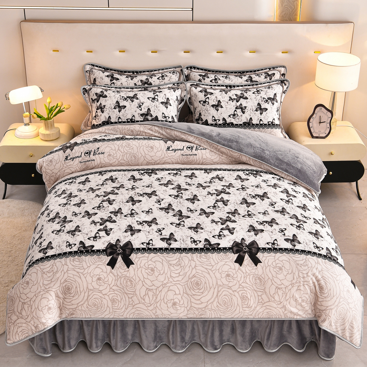 91家纺网 家纺一手货源 找家纺 曼尼家纺 2025新款7斤高克重牛奶绒四件套 蝶栖云汀