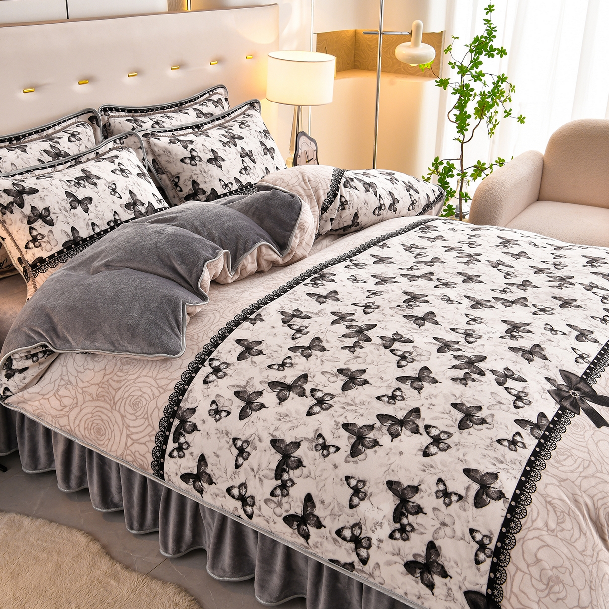 91家纺网 家纺一手货源 找家纺 曼尼家纺 2025新款7斤高克重牛奶绒四件套 蝶栖云汀