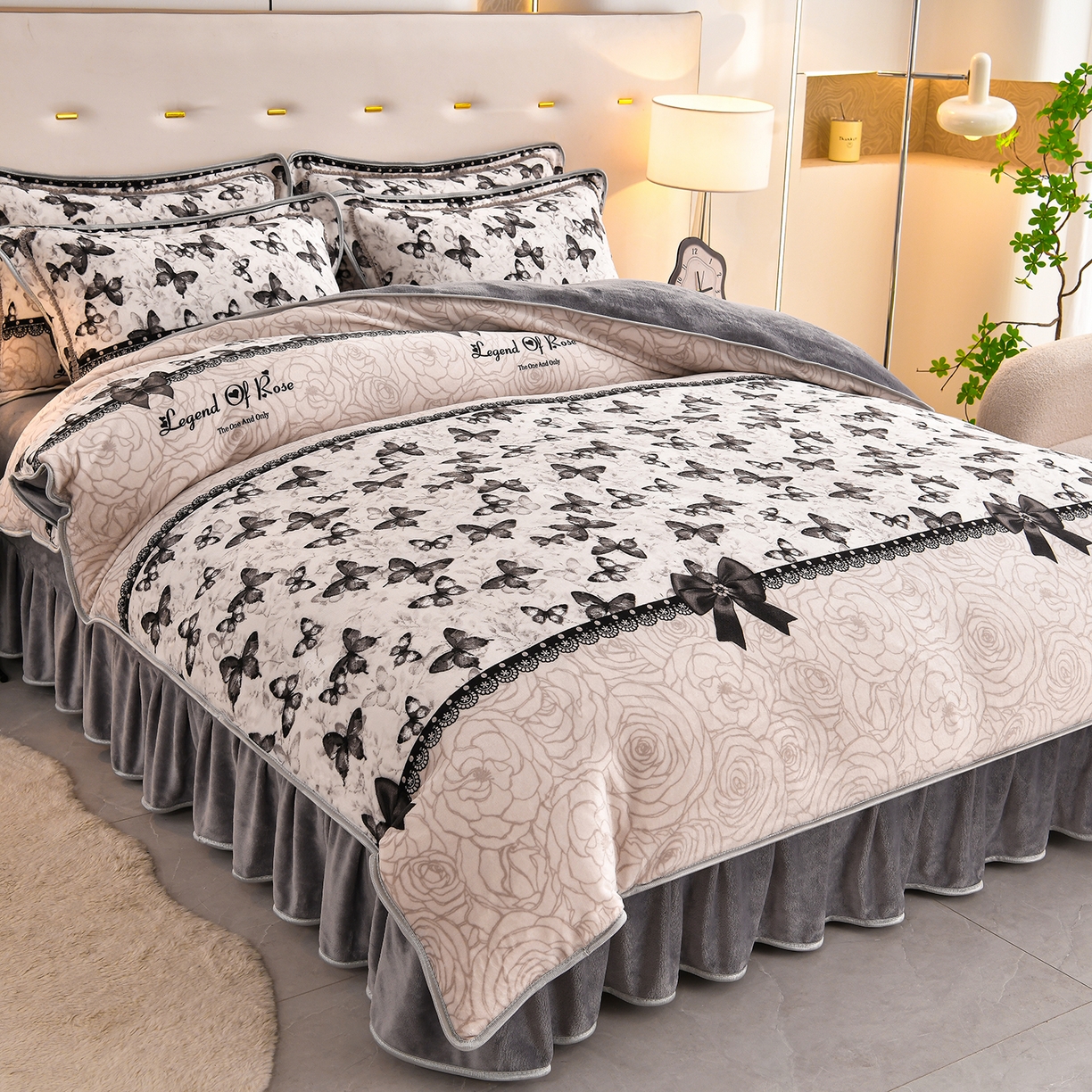 91家纺网 家纺一手货源 找家纺 曼尼家纺 2025新款7斤高克重牛奶绒四件套 蝶栖云汀