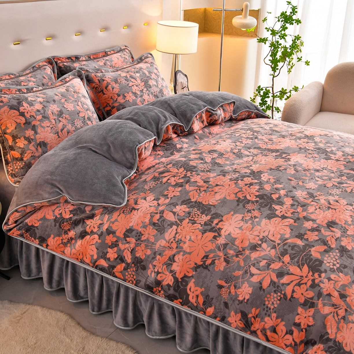 91家纺网 家纺一手货源 找家纺 曼尼家纺 2025新款7斤高克重牛奶绒四件套 浓艳牡丹