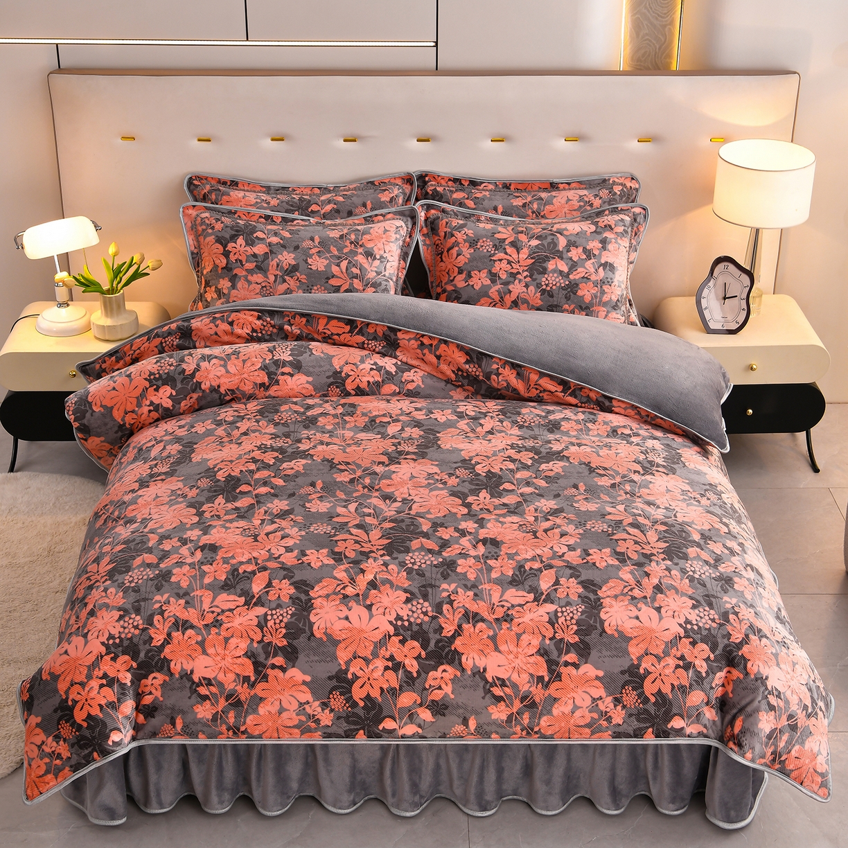 91家纺网 家纺一手货源 找家纺 曼尼家纺 2025新款7斤高克重牛奶绒四件套 浓艳牡丹