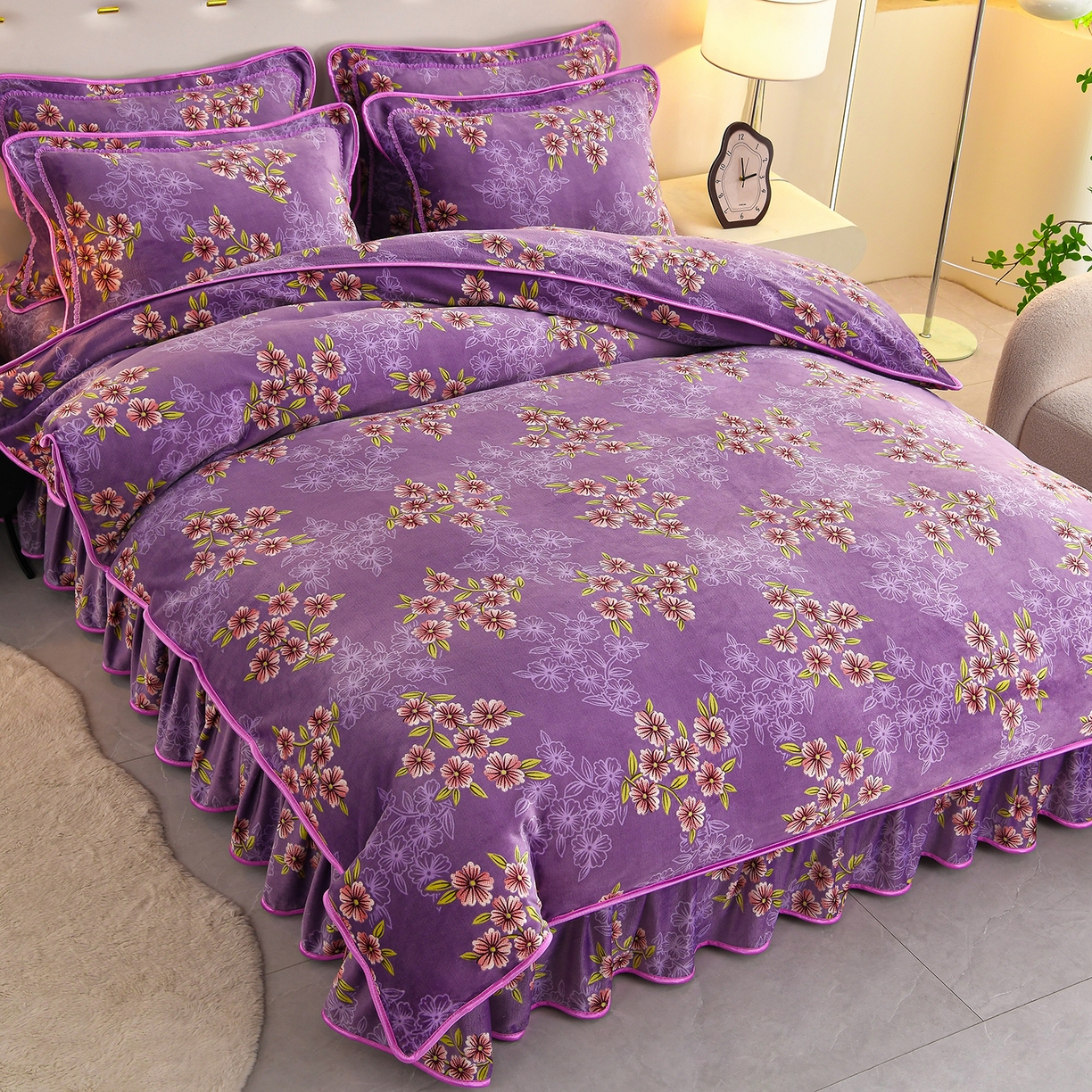 91家纺网 家纺一手货源 找家纺 曼尼家纺 2025新款7斤高克重牛奶绒四件套 妩媚樱花