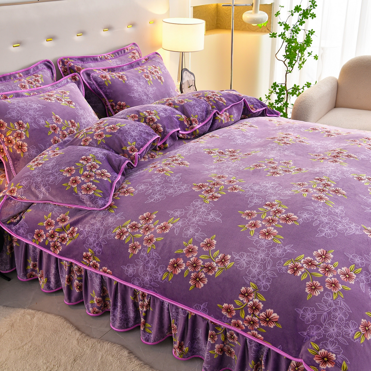 91家纺网 家纺一手货源 找家纺 曼尼家纺 2025新款7斤高克重牛奶绒四件套 妩媚樱花