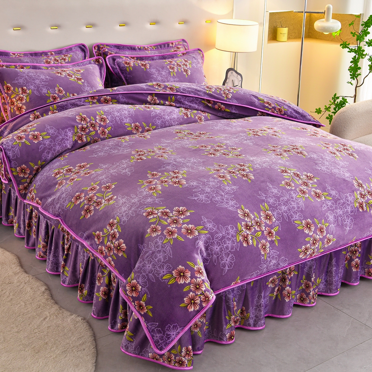 曼尼家纺 2025新款7斤高克重牛奶绒四件套 妩媚樱花