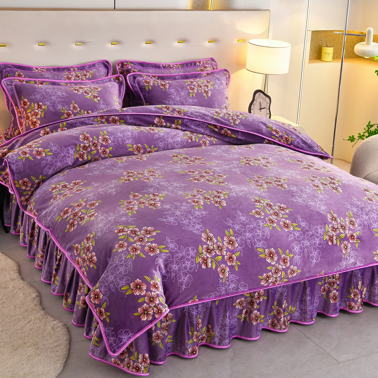 91家纺网 家纺一手货源 找家纺 曼尼家纺 2025新款7斤高克重牛奶绒四件套 妩媚樱花