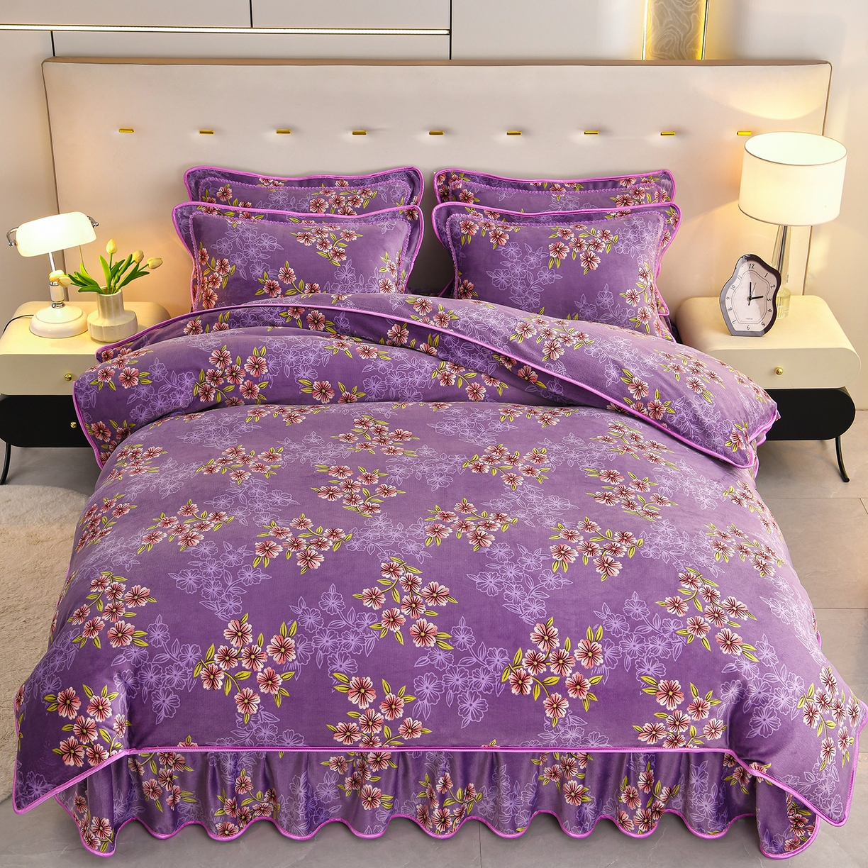 91家纺网 家纺一手货源 找家纺 曼尼家纺 2025新款7斤高克重牛奶绒四件套 妩媚樱花