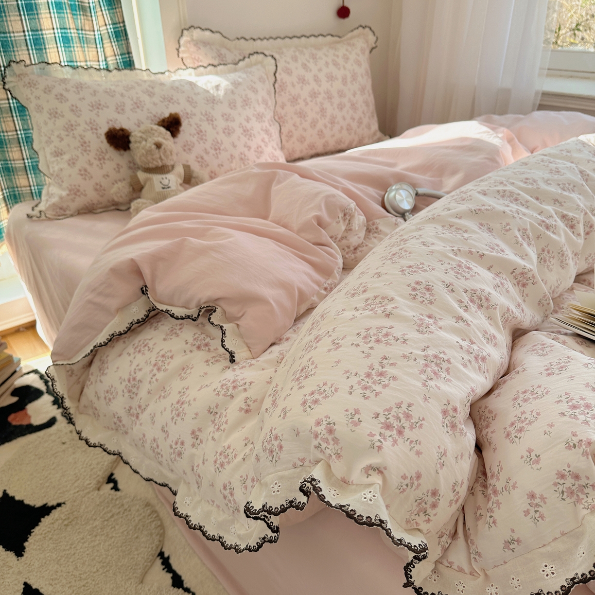 91家纺网 家纺一手货源 找家纺 凯洛奇 2026新款仿棉古法水洗棉复古法式花边四件套 粉黛花