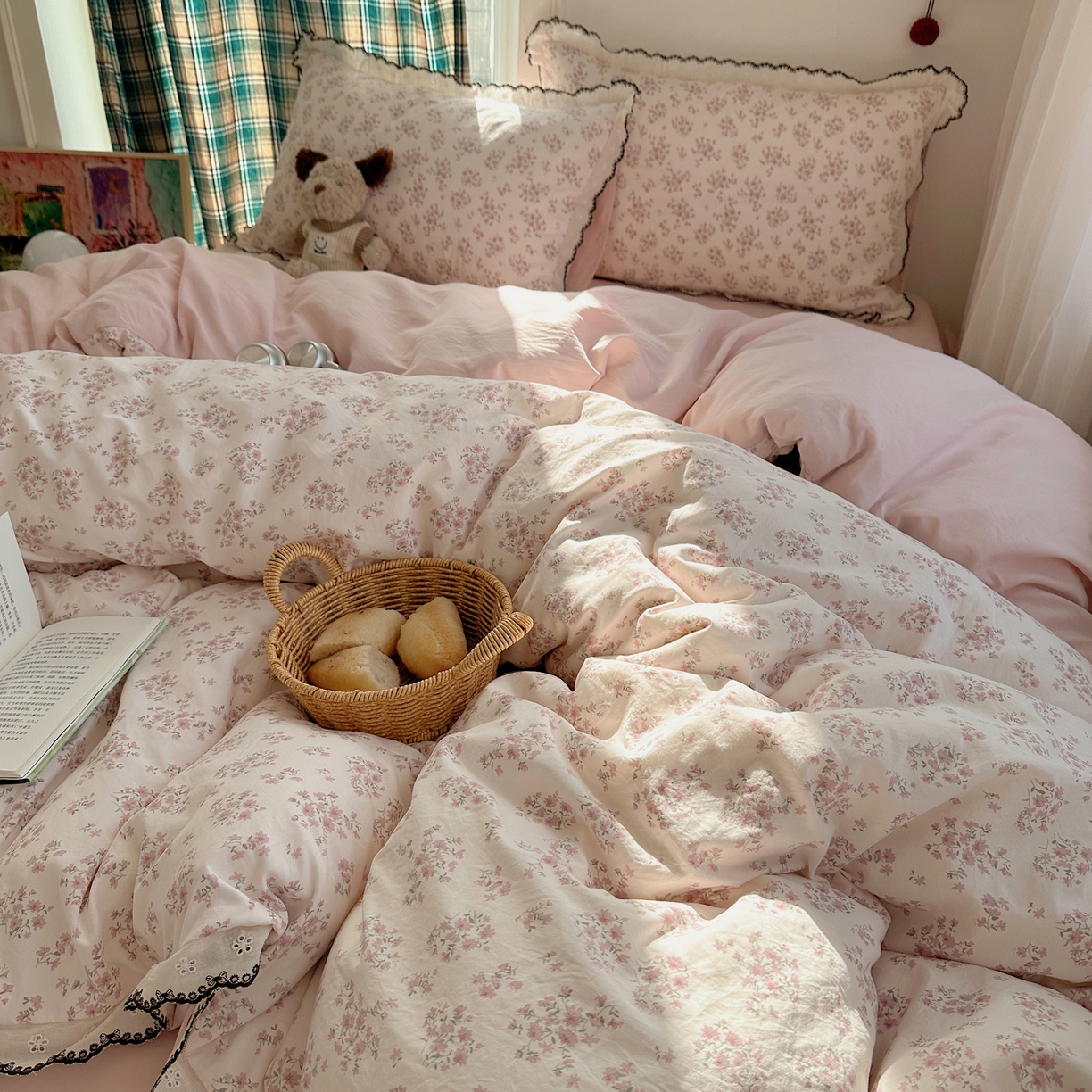 91家纺网 家纺一手货源 找家纺 凯洛奇 2026新款仿棉古法水洗棉复古法式花边四件套 粉黛花