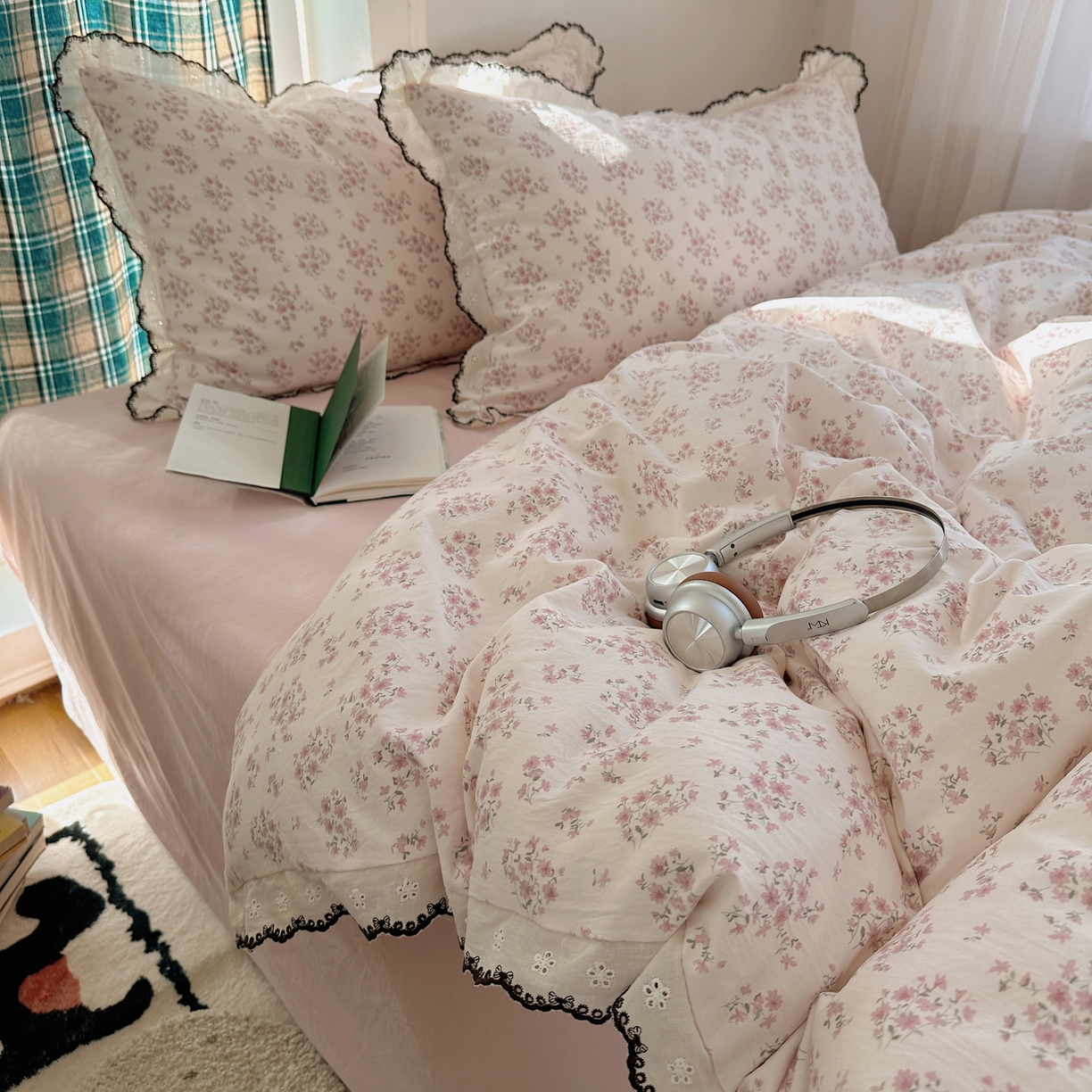 91家纺网 家纺一手货源 找家纺 凯洛奇 2026新款仿棉古法水洗棉复古法式花边四件套 粉黛花