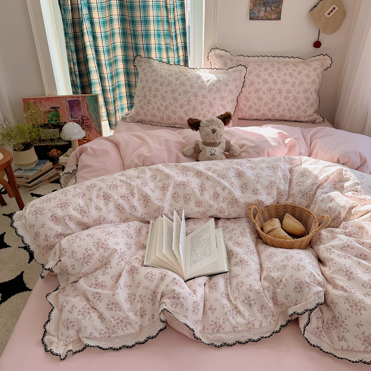 91家纺网 家纺一手货源 找家纺 凯洛奇 2026新款仿棉古法水洗棉复古法式花边四件套 粉黛花