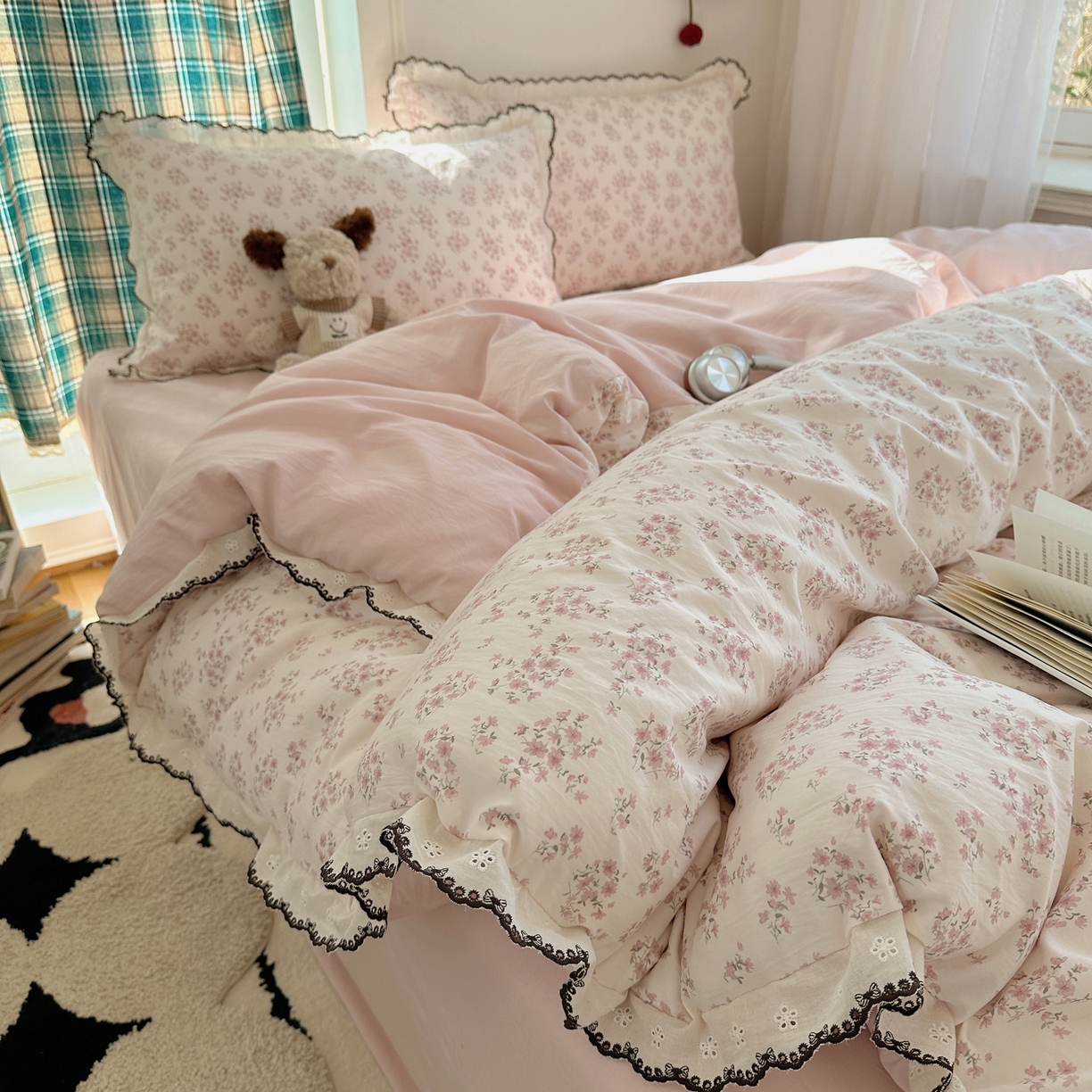91家纺网 家纺一手货源 找家纺 凯洛奇 2026新款仿棉古法水洗棉复古法式花边四件套 粉黛花