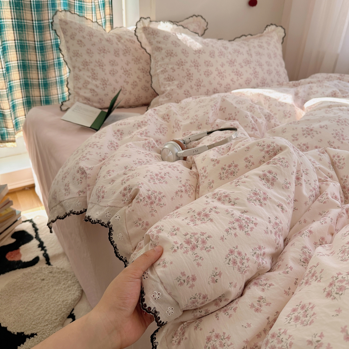 91家纺网 家纺一手货源 找家纺 凯洛奇 2026新款仿棉古法水洗棉复古法式花边四件套 粉黛花