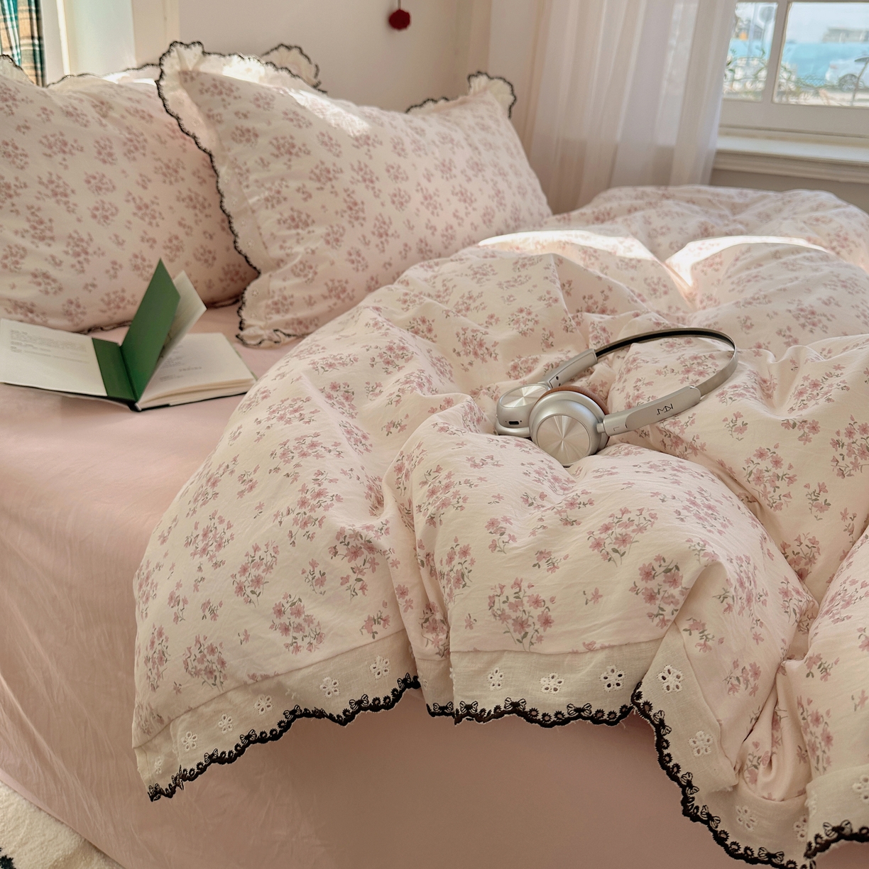 91家纺网 家纺一手货源 找家纺 凯洛奇 2026新款仿棉古法水洗棉复古法式花边四件套 粉黛花