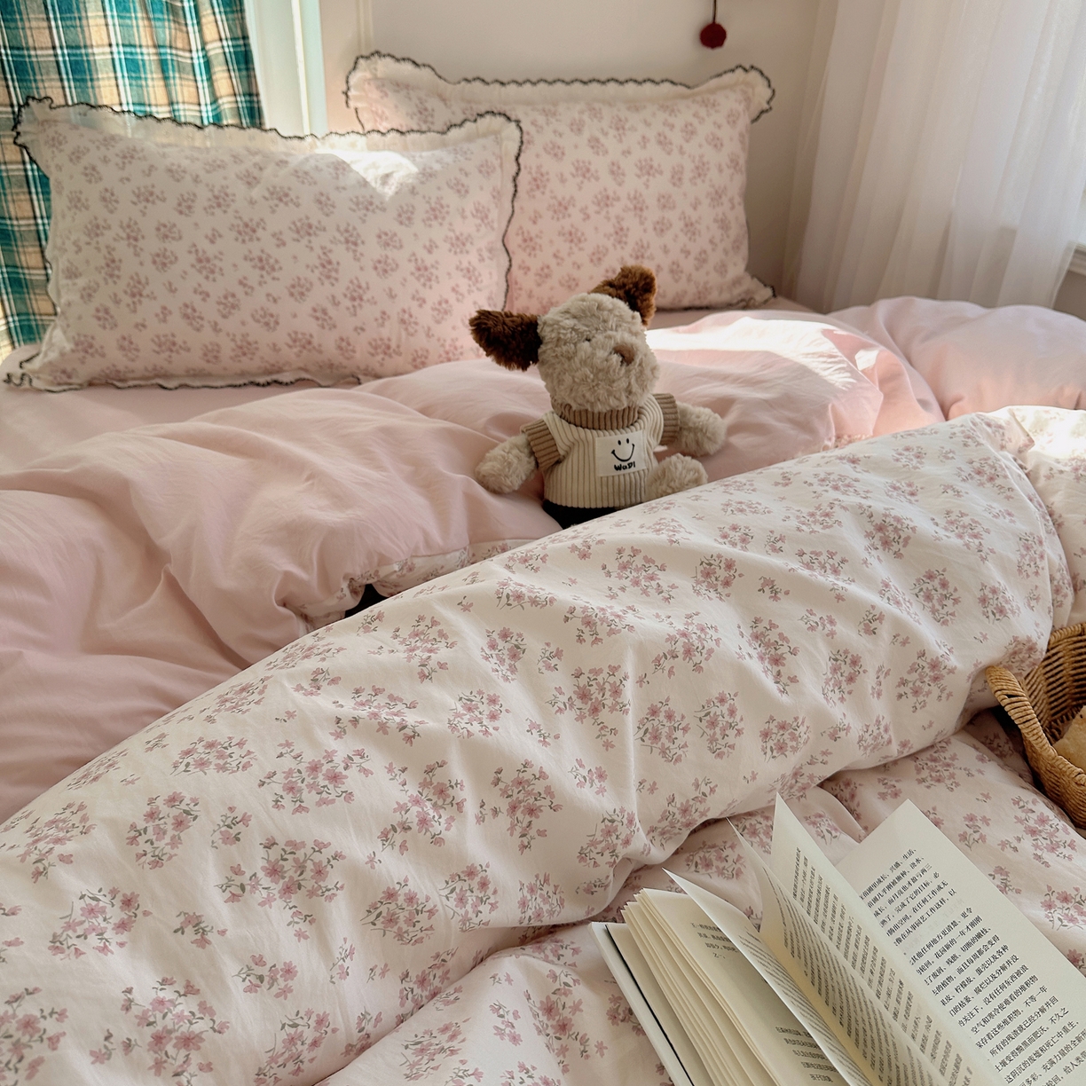 91家纺网 家纺一手货源 找家纺 凯洛奇 2026新款仿棉古法水洗棉复古法式花边四件套 粉黛花