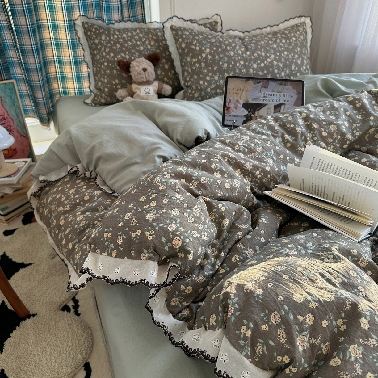 91家纺网 家纺一手货源 找家纺 凯洛奇 2026新款仿棉古法水洗棉复古法式花边四件套 花漫漫