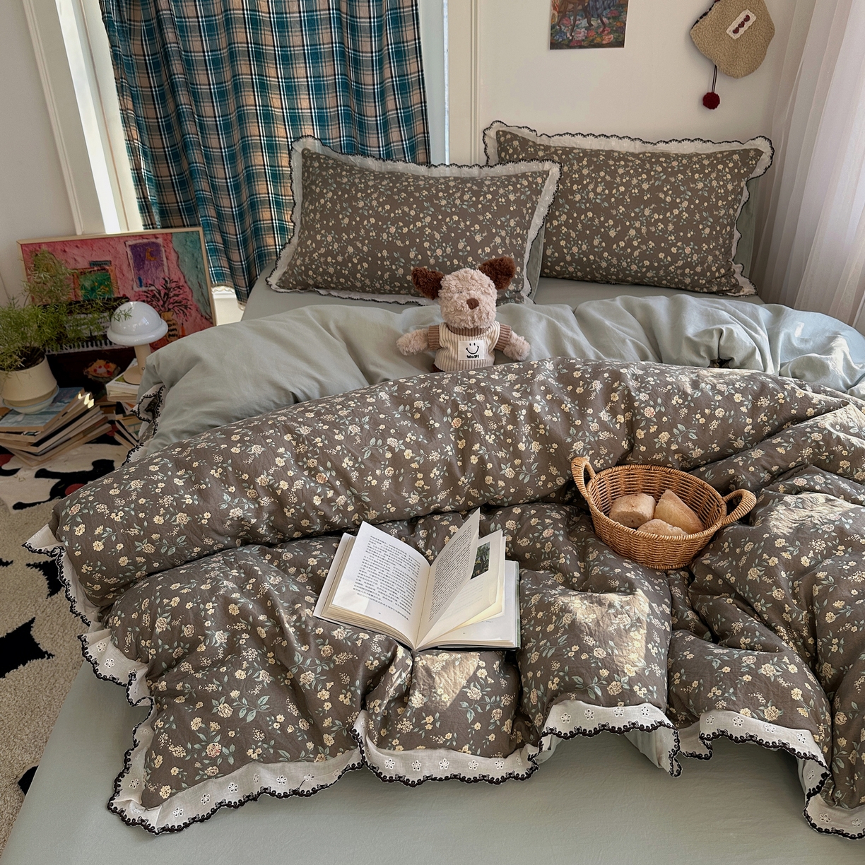 91家纺网 家纺一手货源 找家纺 凯洛奇 2026新款仿棉古法水洗棉复古法式花边四件套 花漫漫