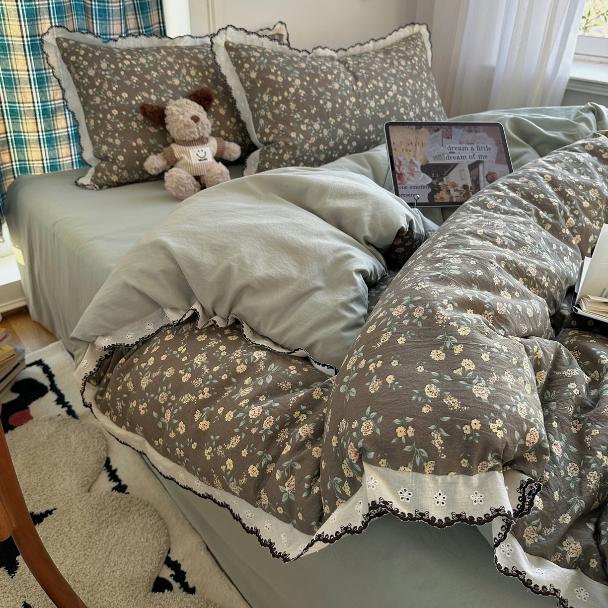 91家纺网 家纺一手货源 找家纺 凯洛奇 2026新款仿棉古法水洗棉复古法式花边四件套 花漫漫