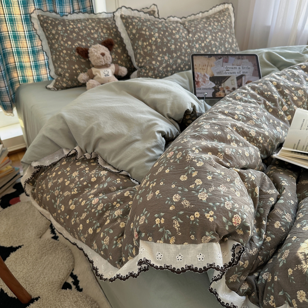 91家纺网 家纺一手货源 找家纺 凯洛奇 2026新款仿棉古法水洗棉复古法式花边四件套 花漫漫