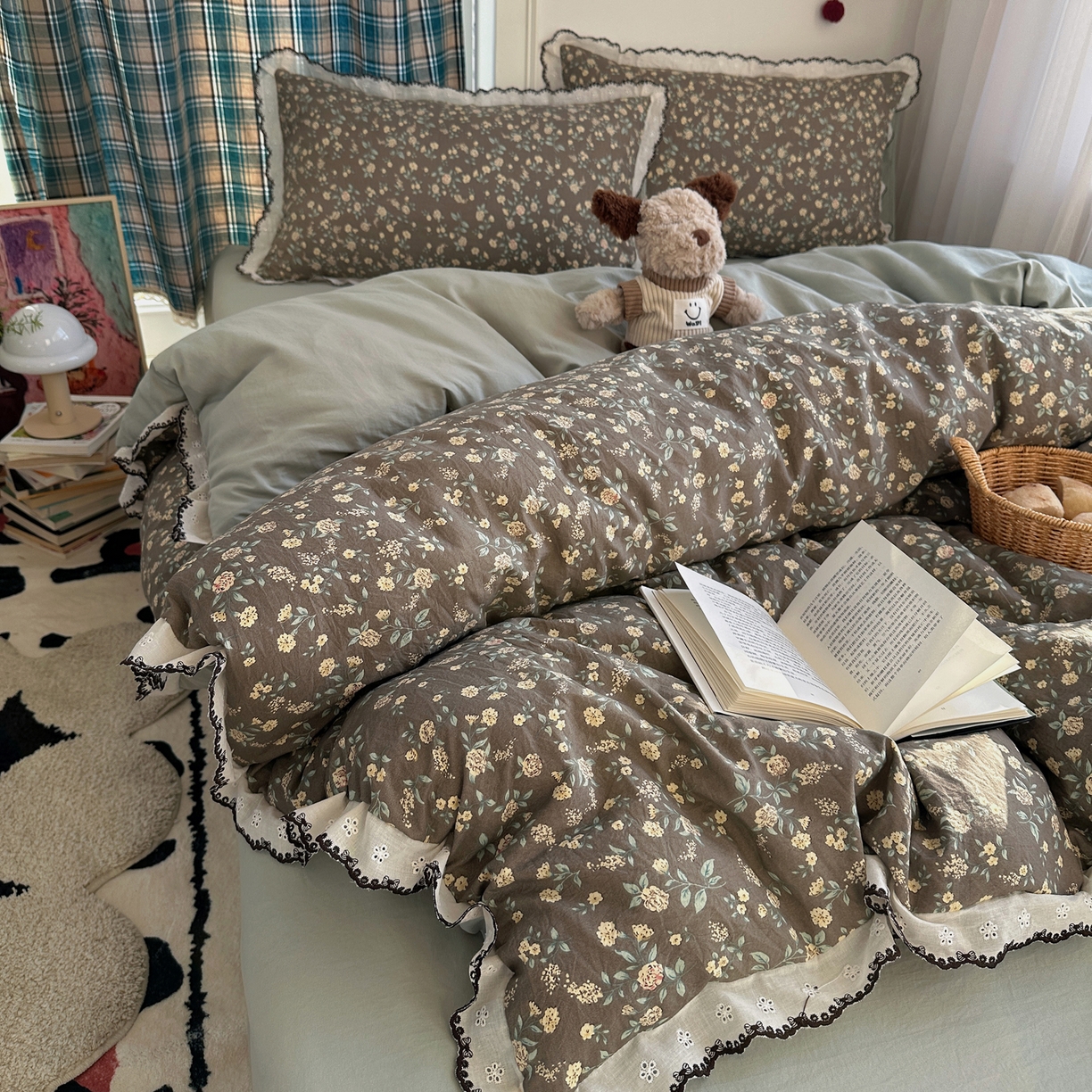 91家纺网 家纺一手货源 找家纺 凯洛奇 2026新款仿棉古法水洗棉复古法式花边四件套 花漫漫