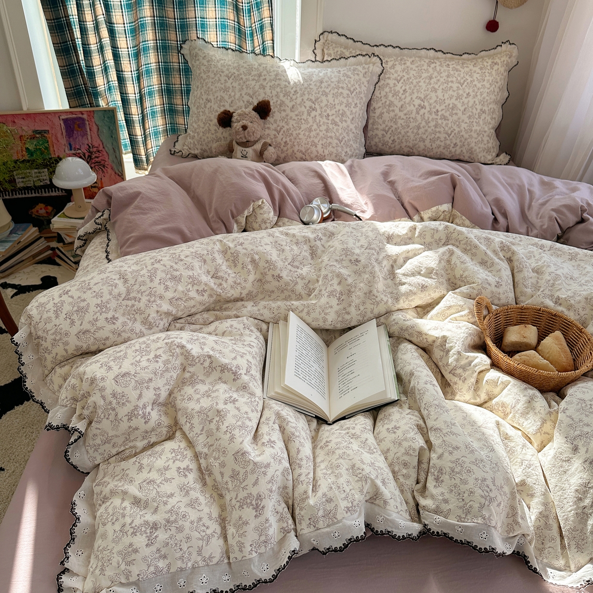 91家纺网 家纺一手货源 找家纺 凯洛奇 2026新款仿棉古法水洗棉复古法式花边四件套 紫铃兰