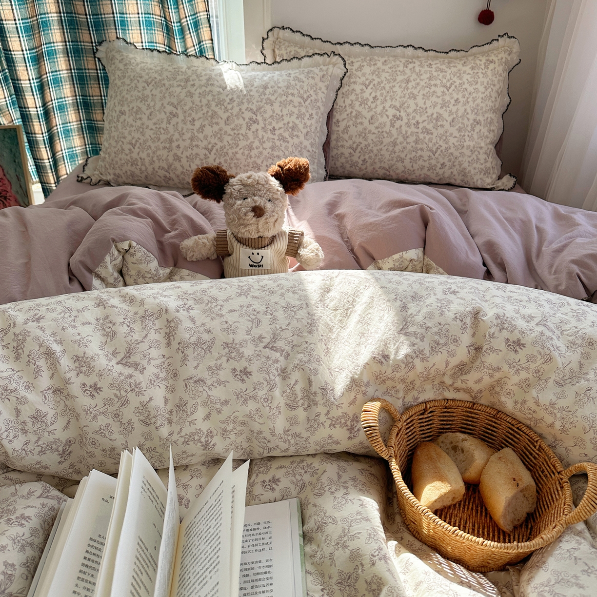 91家纺网 家纺一手货源 找家纺 凯洛奇 2026新款仿棉古法水洗棉复古法式花边四件套 紫铃兰