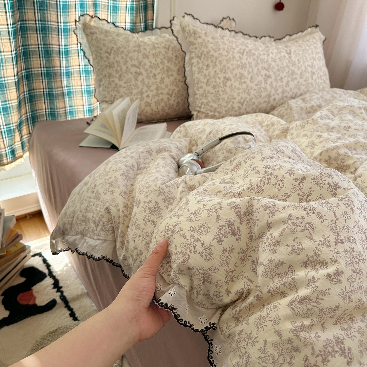 91家纺网 家纺一手货源 找家纺 凯洛奇 2026新款仿棉古法水洗棉复古法式花边四件套 紫铃兰