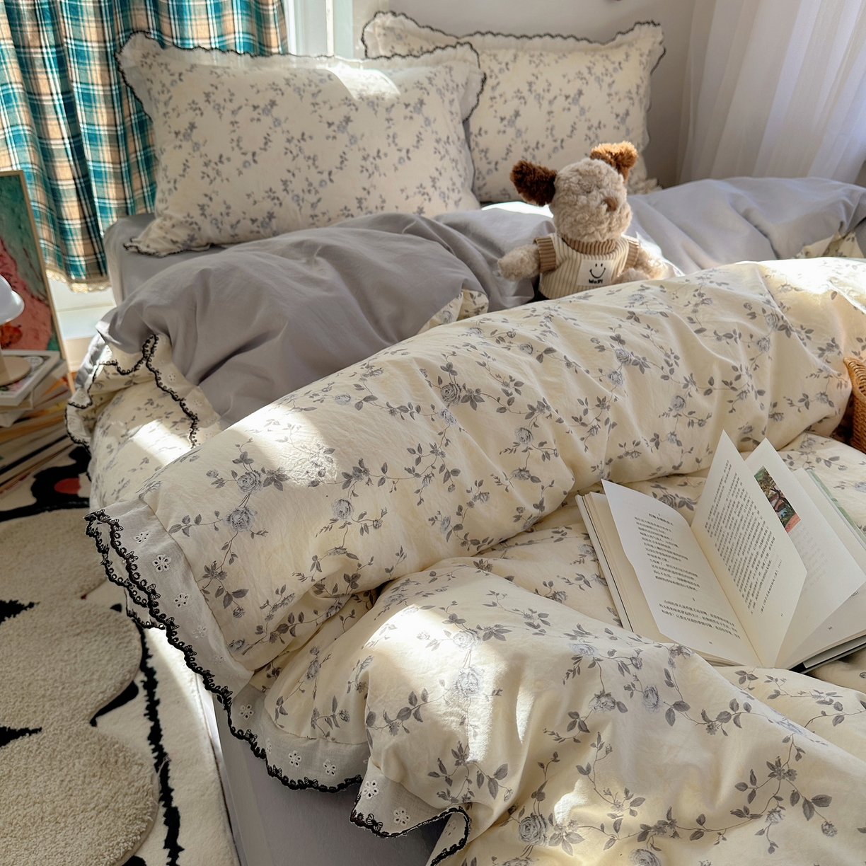 91家纺网 家纺一手货源 找家纺 凯洛奇 2026新款仿棉古法水洗棉复古法式花边四件套 花漫里