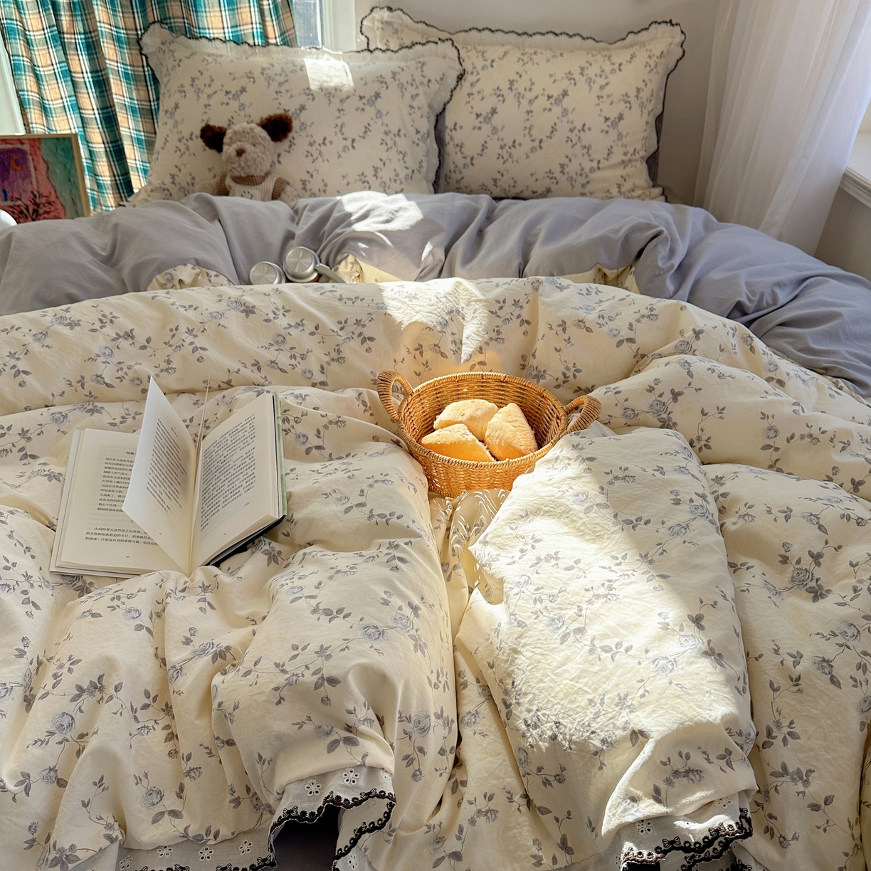 91家纺网 家纺一手货源 找家纺 凯洛奇 2026新款仿棉古法水洗棉复古法式花边四件套 花漫里