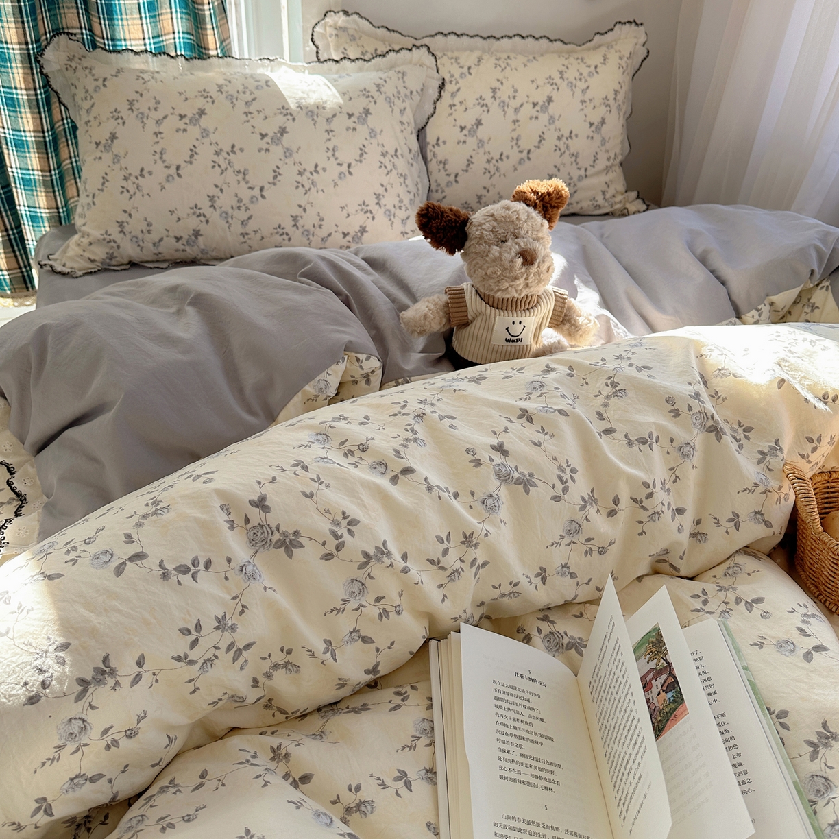 91家纺网 家纺一手货源 找家纺 凯洛奇 2026新款仿棉古法水洗棉复古法式花边四件套 花漫里