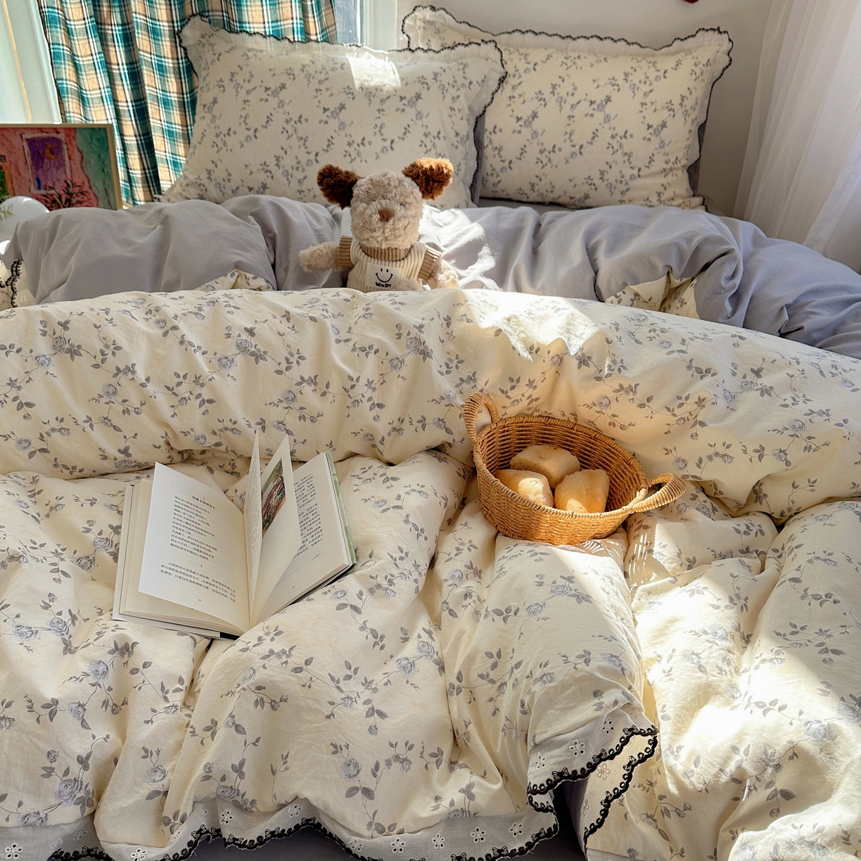 91家纺网 家纺一手货源 找家纺 凯洛奇 2026新款仿棉古法水洗棉复古法式花边四件套 花漫里