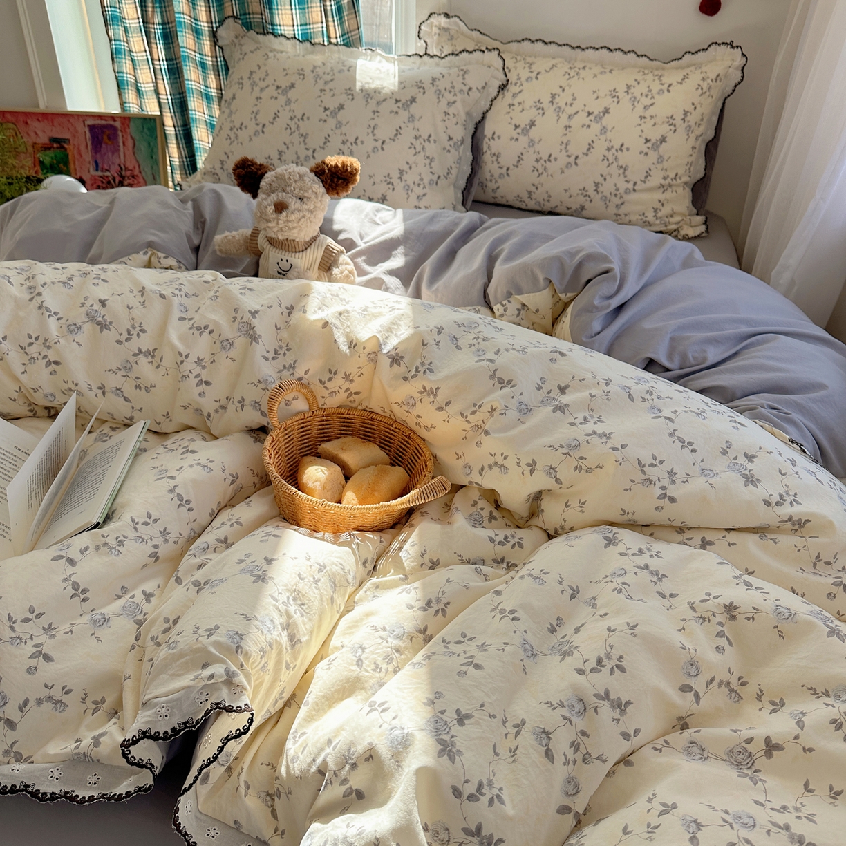 91家纺网 家纺一手货源 找家纺 凯洛奇 2026新款仿棉古法水洗棉复古法式花边四件套 花漫里