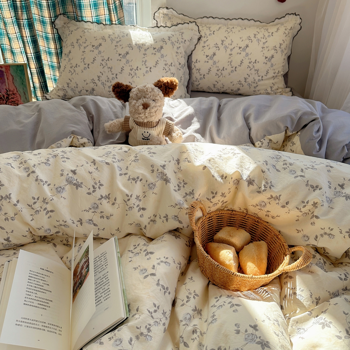 91家纺网 家纺一手货源 找家纺 凯洛奇 2026新款仿棉古法水洗棉复古法式花边四件套 花漫里